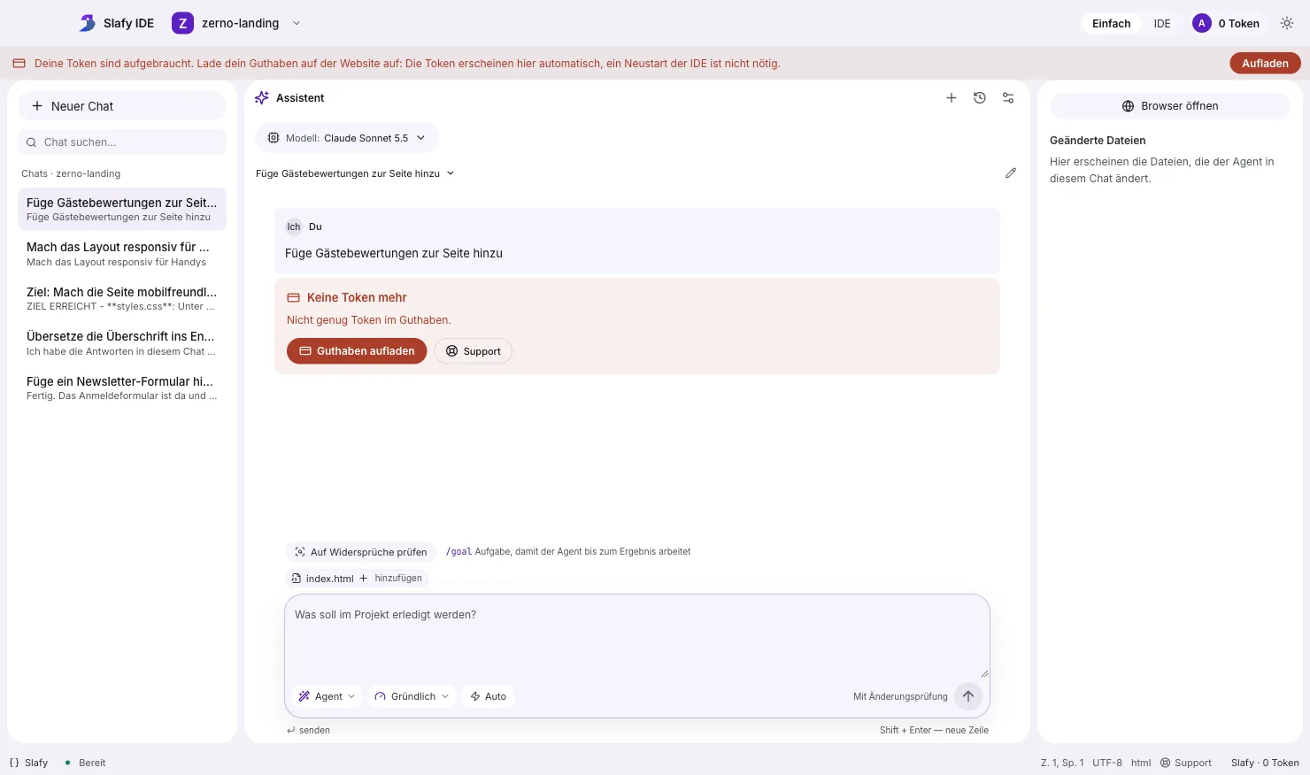 Slafy IDE: rotes Banner „Keine Token mehr“ mit dem Button „Aufladen“