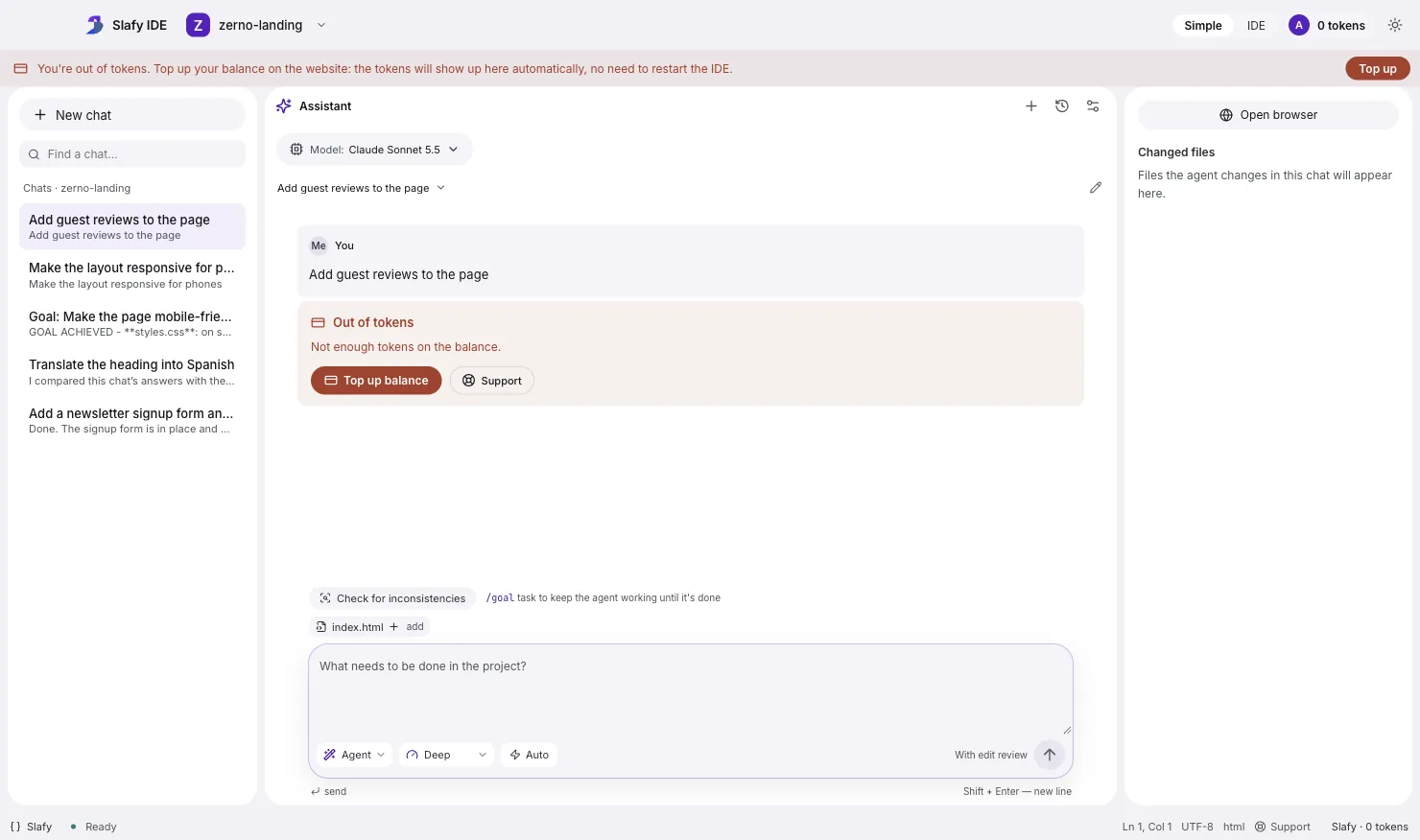 Slafy IDE: a red “Out of tokens” banner with a “Top up” button