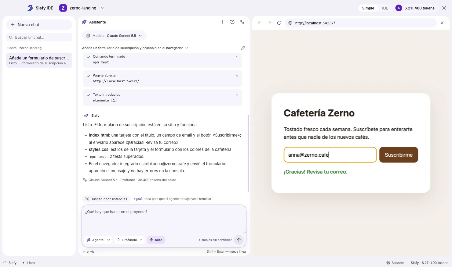 Slafy IDE: el agente ha introducido un email en el formulario de suscripción del navegador integrado y en la página de la cafetería aparece «¡Gracias! Revisa tu correo»