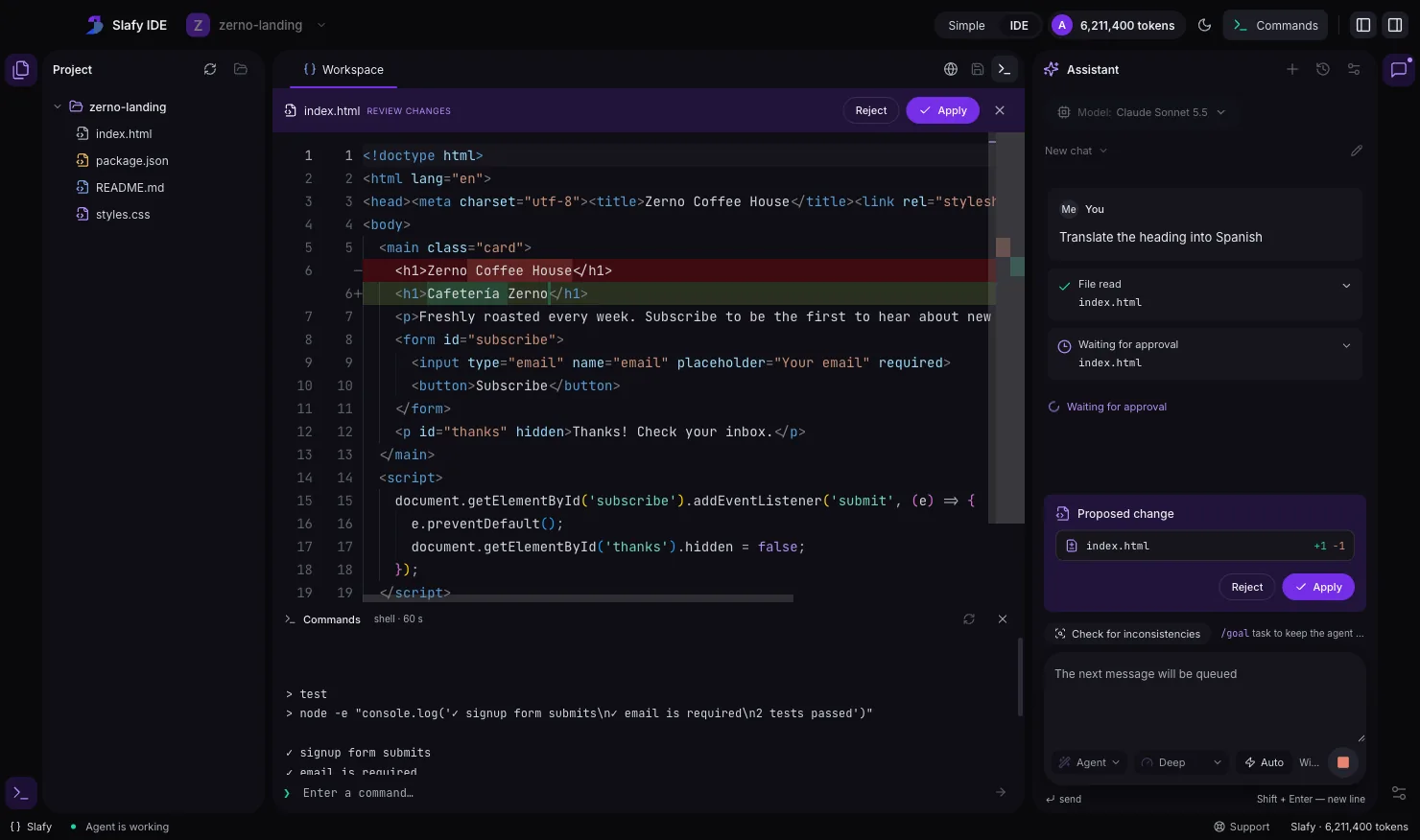 Slafy IDE in “IDE” view: the editor shows a diff of index.html changing the heading to English, with “Reject” and “Apply” buttons at the top