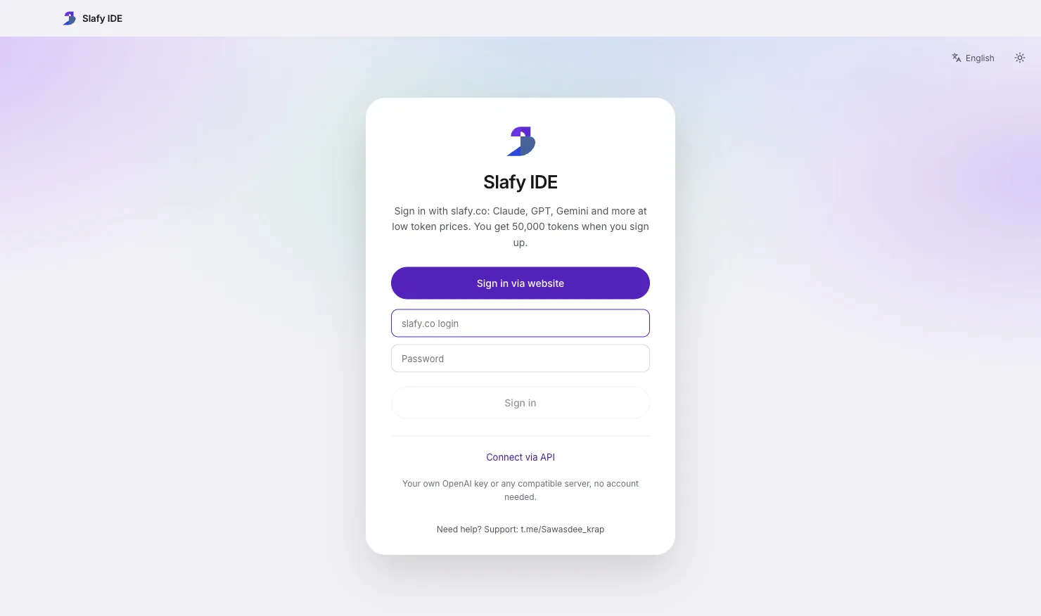Slafy IDE: the sign-in screen with a “Sign in via website” button and username and password fields