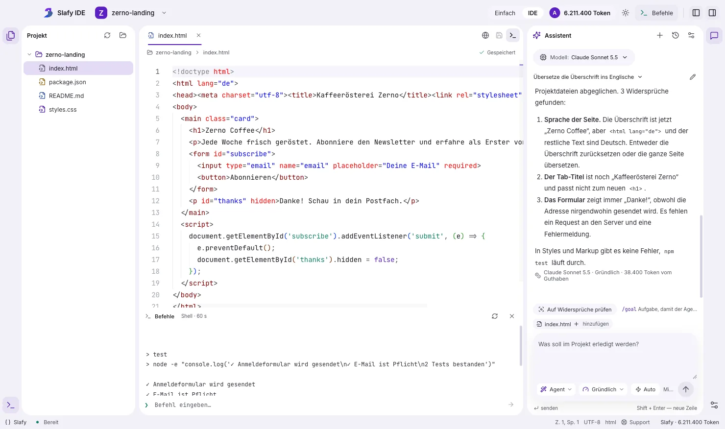 Slafy IDE: Die Prüfung auf Widersprüche hat drei Abweichungen zwischen Änderungen und Projektdateien gefunden, daneben ist index.html geöffnet