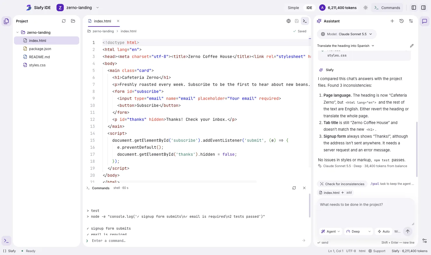 Slafy IDE: the inconsistency check found three mismatches between the edits and the project files, with index.html open alongside