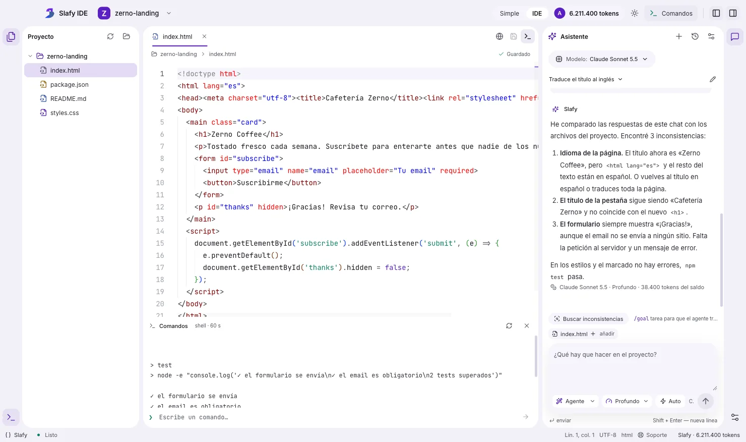 Slafy IDE: la búsqueda de inconsistencias ha encontrado tres discrepancias entre los cambios y los archivos del proyecto, con index.html abierto al lado