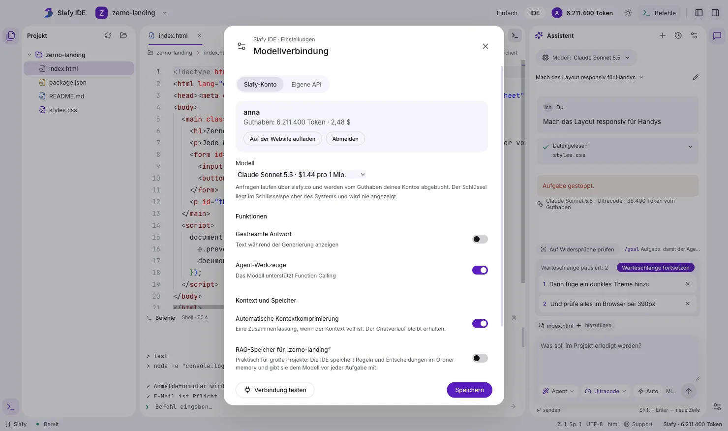 Slafy IDE: Einstellungsfenster für die Modellverbindung, Kontoguthaben und Schalter für den RAG-Speicher
