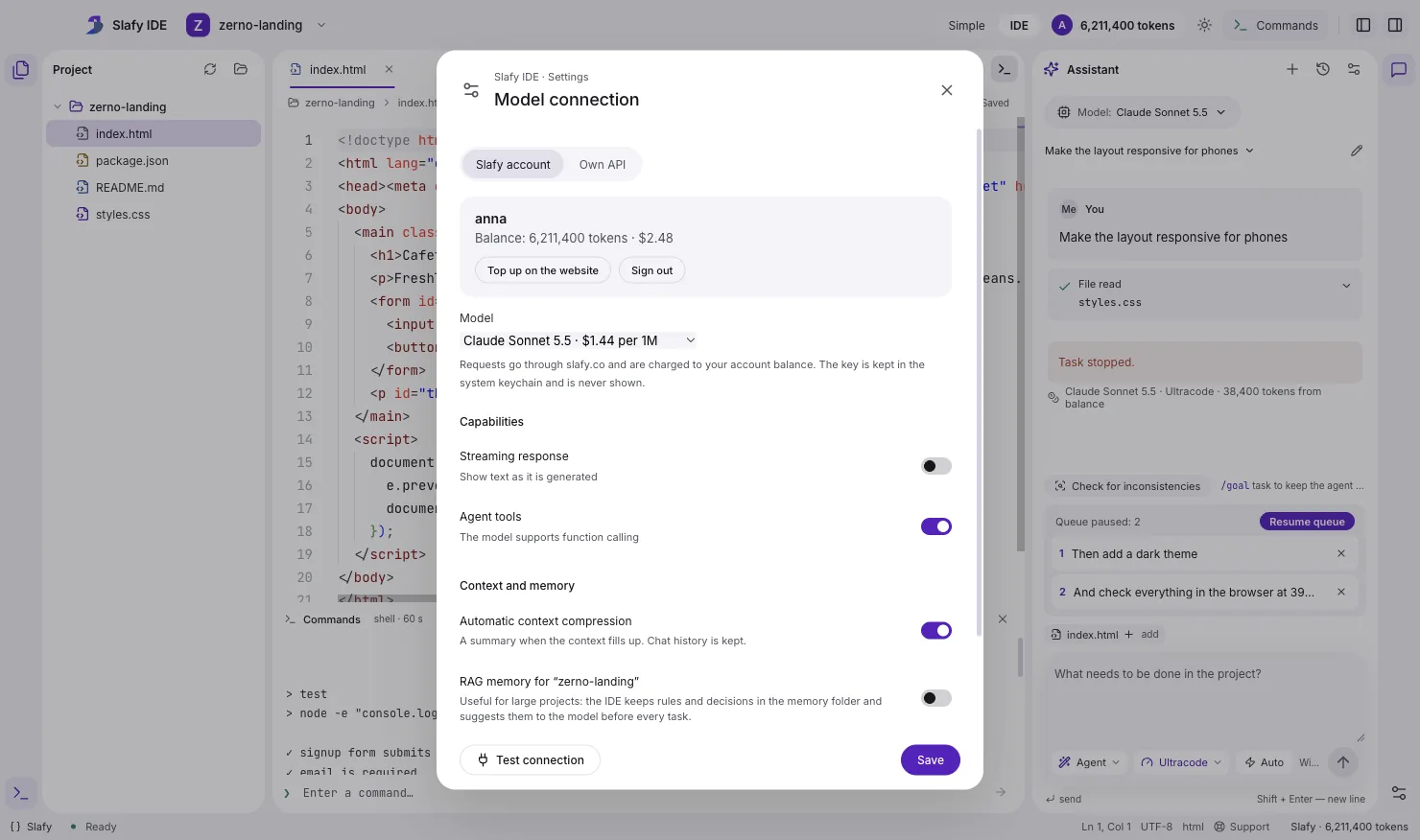 Slafy IDE: the model connection settings window, account balance and the RAG memory toggle