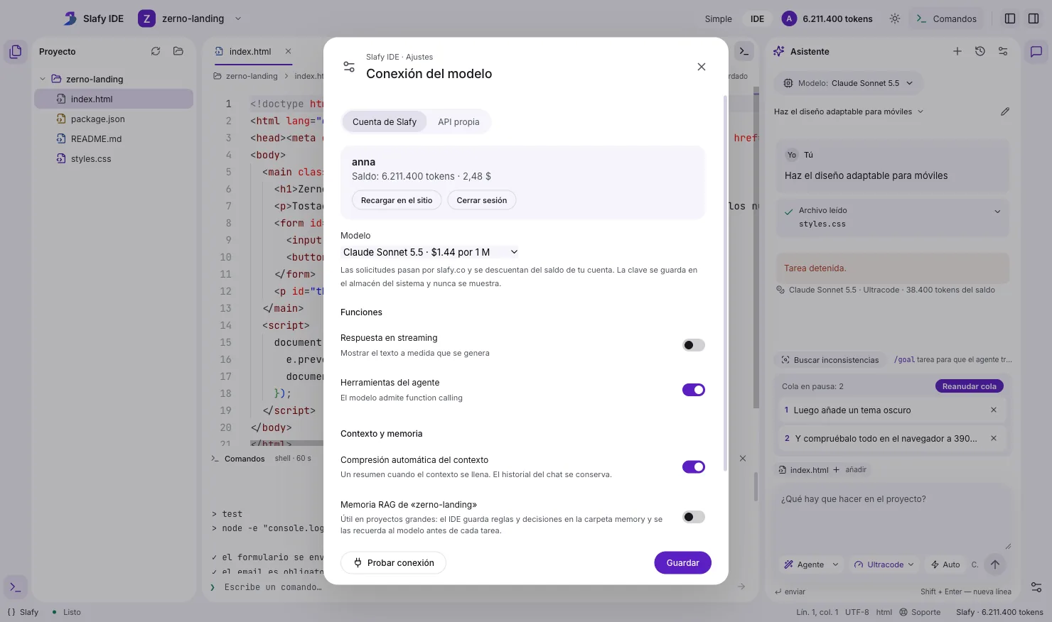 Slafy IDE: ventana de ajustes de conexión del modelo, saldo de la cuenta e interruptor de la memoria RAG